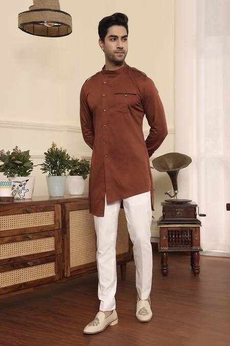 Shop_Kustomeyes_Brown Cotton Asymmetric Kurta Set _Online_at_Aza_Fashions