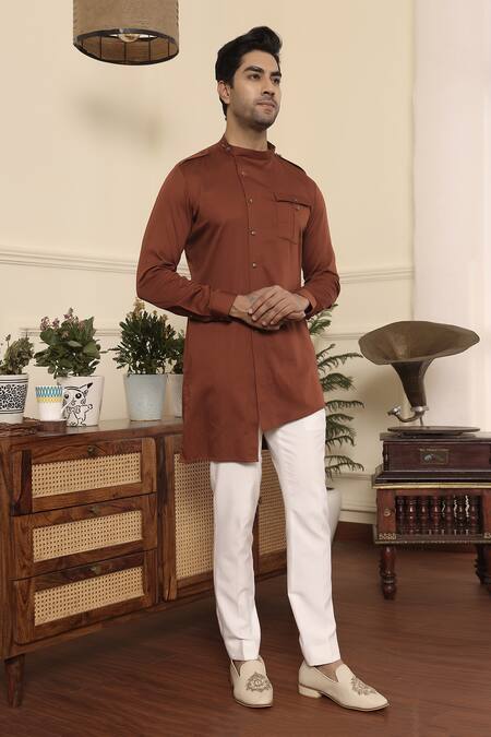 Kustomeyes_Brown Cotton Asymmetric Kurta Set _at_Aza_Fashions