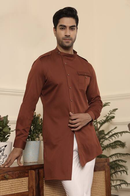 Buy_Kustomeyes_Brown Cotton Asymmetric Kurta Set 