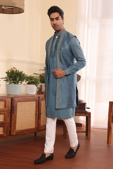 Kustomeyes_Blue Silk, Cotton Sequins, Embroidery Border Shrug And Kurta Set _Online_at_Aza_Fashions