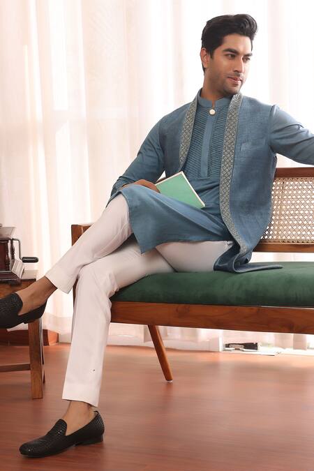 Shop_Kustomeyes_Blue Silk, Cotton Sequins, Embroidery Border Shrug And Kurta Set _Online_at_Aza_Fashions