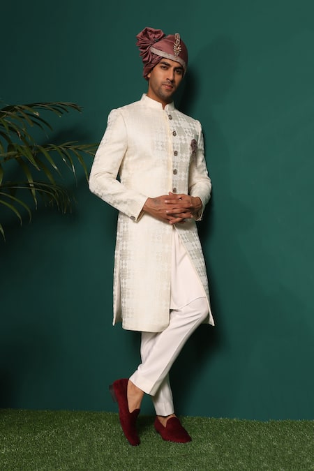 Shop_Kustomeyes_Ivory Silk Brooches, Embroidery Kantha Work Sherwani Set _at_Aza_Fashions