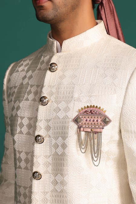 Kustomeyes_Ivory Silk Brooches, Embroidery Kantha Work Sherwani Set _Online_at_Aza_Fashions