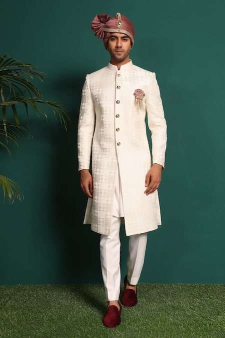 Buy_Kustomeyes_Ivory Silk Brooches, Embroidery Kantha Work Sherwani Set _Online_at_Aza_Fashions