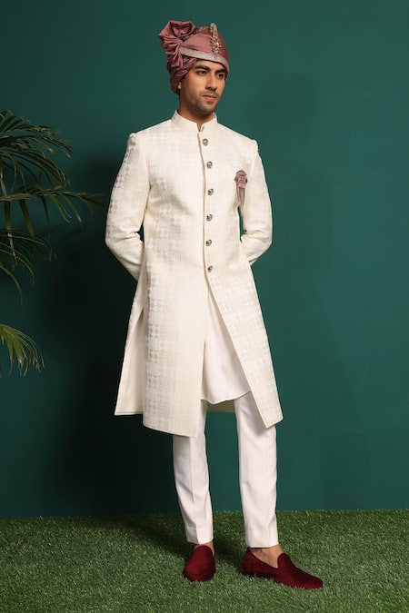 Kustomeyes_Ivory Silk Brooches, Embroidery Kantha Work Sherwani Set _at_Aza_Fashions