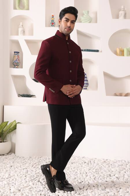 Kustomeyes_Wine Tweed, Rayon Plain Bandhgala Set _Online_at_Aza_Fashions