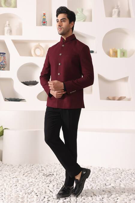 Buy_Kustomeyes_Wine Tweed, Rayon Plain Bandhgala Set _Online_at_Aza_Fashions