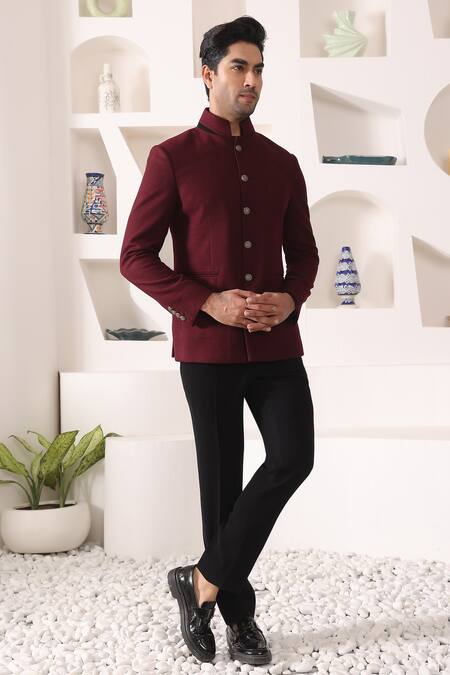 Kustomeyes_Wine Tweed, Rayon Plain Bandhgala Set _at_Aza_Fashions