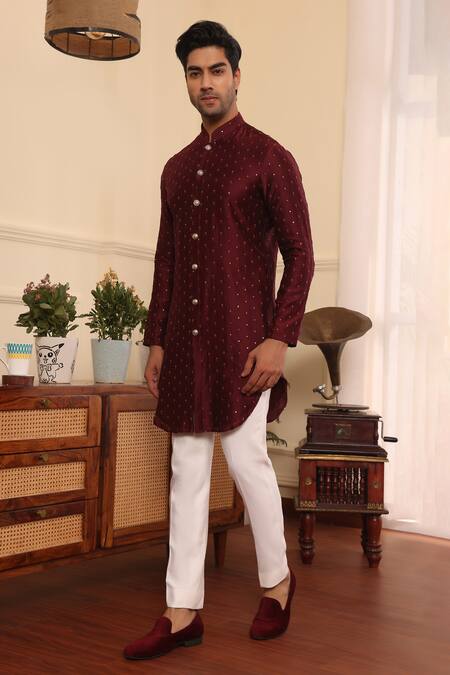 Kustomeyes_Wine Silk, Cotton Sequins, Embroidery Work Kurta Set_Online_at_Aza_Fashions
