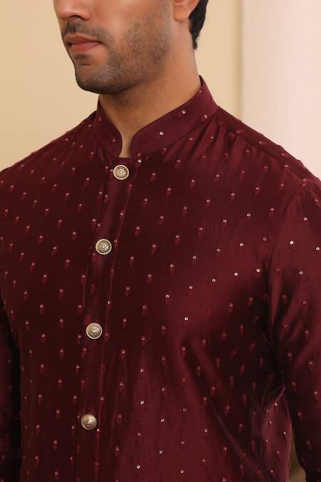 Buy_Kustomeyes_Wine Silk, Cotton Sequins, Embroidery Work Kurta Set_Online_at_Aza_Fashions