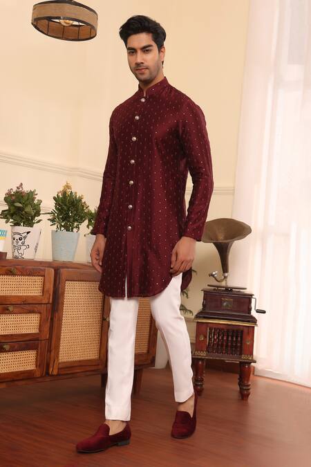 Shop_Kustomeyes_Wine Silk, Cotton Sequins, Embroidery Work Kurta Set_Online_at_Aza_Fashions