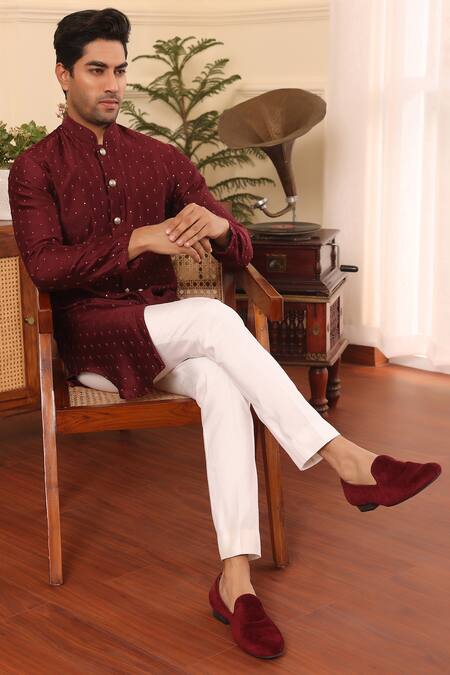 Kustomeyes_Wine Silk, Cotton Sequins, Embroidery Work Kurta Set_at_Aza_Fashions