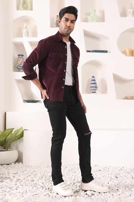 Shop_Kustomeyes_Wine Cotton Plain Full Sleeve Overshirt _at_Aza_Fashions
