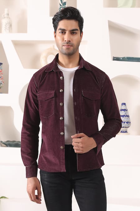 Kustomeyes_Wine Cotton Plain Full Sleeve Overshirt _Online_at_Aza_Fashions