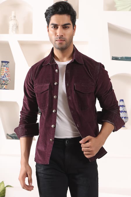 Buy_Kustomeyes_Wine Cotton Plain Full Sleeve Overshirt _Online_at_Aza_Fashions