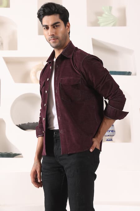 Shop_Kustomeyes_Wine Cotton Plain Full Sleeve Overshirt _Online_at_Aza_Fashions