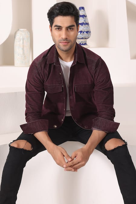 Kustomeyes_Wine Cotton Plain Full Sleeve Overshirt _at_Aza_Fashions