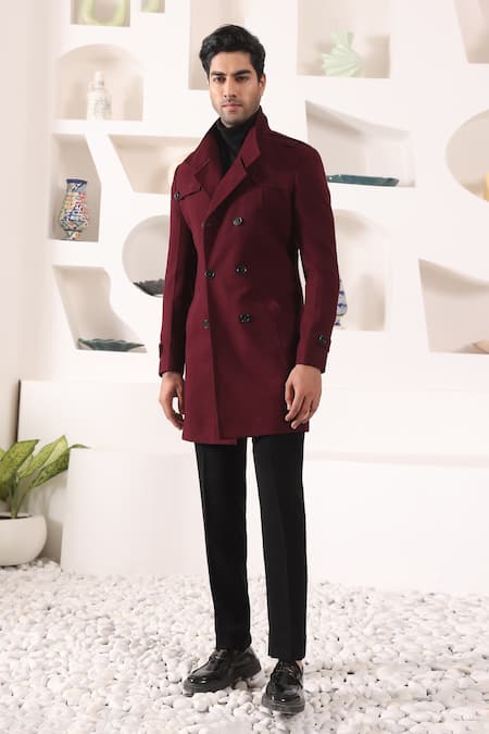 Kustomeyes_Wine Tweed, Rayon Double Breasted Overcoat _Online_at_Aza_Fashions