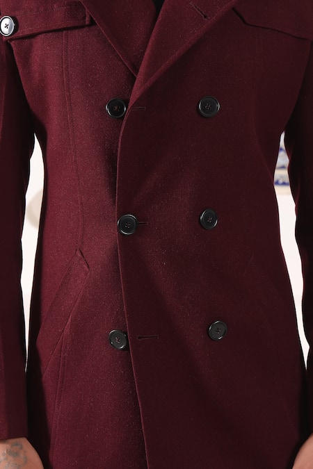 Buy_Kustomeyes_Wine Tweed, Rayon Double Breasted Overcoat _Online_at_Aza_Fashions