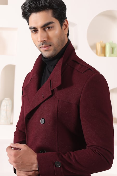 Shop_Kustomeyes_Wine Tweed, Rayon Double Breasted Overcoat _Online_at_Aza_Fashions