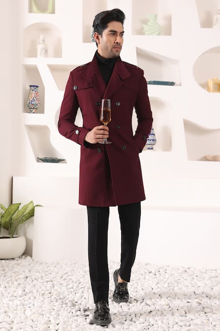 Kustomeyes_Wine Tweed, Rayon Double Breasted Overcoat _at_Aza_Fashions