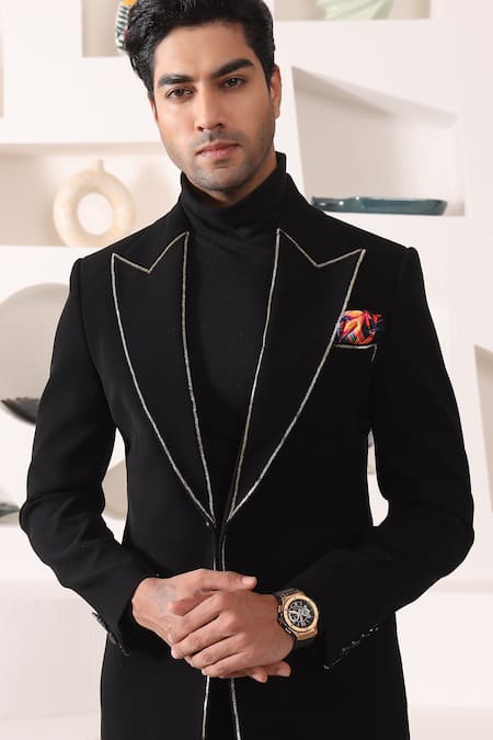 Buy_Kustomeyes_Black Rayon Zari Collar Embroidered Tuxedo Set _Online_at_Aza_Fashions