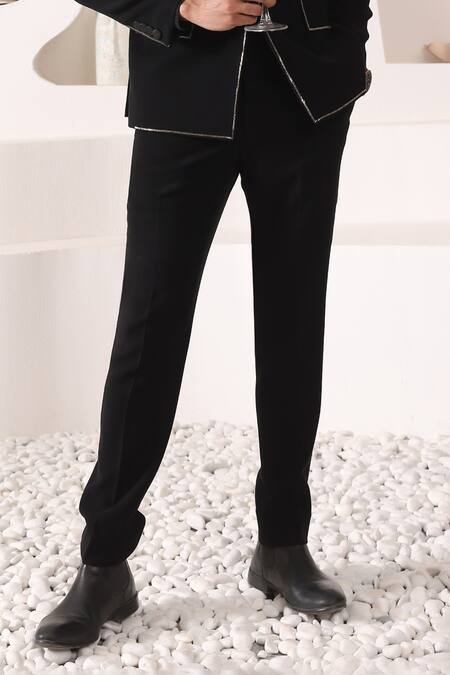 Shop_Kustomeyes_Black Rayon Zari Collar Embroidered Tuxedo Set _Online_at_Aza_Fashions