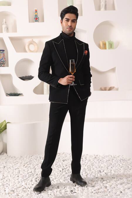 Kustomeyes_Black Rayon Zari Collar Embroidered Tuxedo Set _at_Aza_Fashions