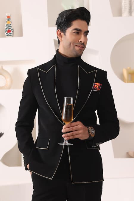 Buy_Kustomeyes_Black Rayon Zari Collar Embroidered Tuxedo Set 