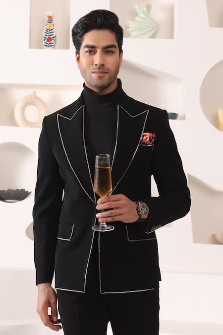 Shop_Kustomeyes_Black Rayon Zari Collar Embroidered Tuxedo Set 