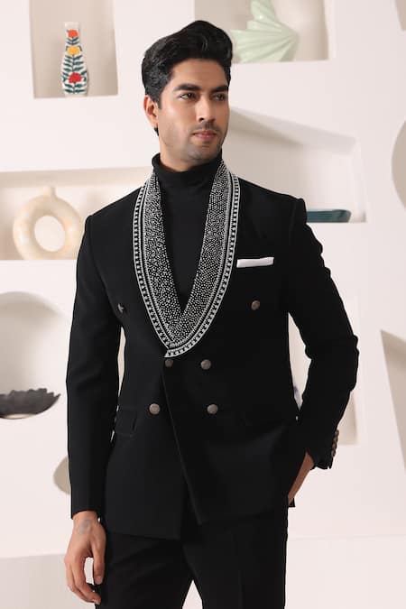 Shop_Kustomeyes_Black Rayon Beads Collar Embroidered Tuxedo Set _Online_at_Aza_Fashions