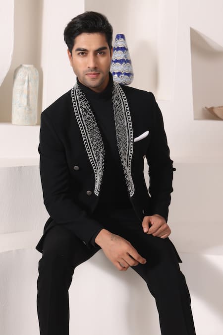Kustomeyes_Black Rayon Beads Collar Embroidered Tuxedo Set _at_Aza_Fashions