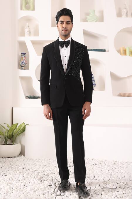 Kustomeyes_Black Rayon Cut Work Cutdana Placement Embroidered Tuxedo Set _Online_at_Aza_Fashions