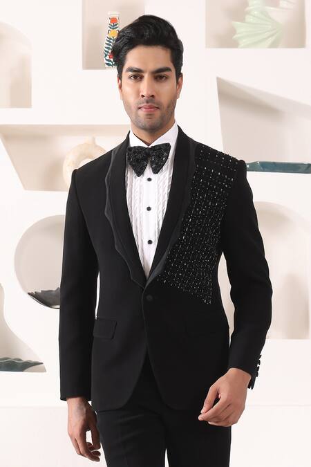 Buy_Kustomeyes_Black Rayon Cut Work Cutdana Placement Embroidered Tuxedo Set _Online_at_Aza_Fashions
