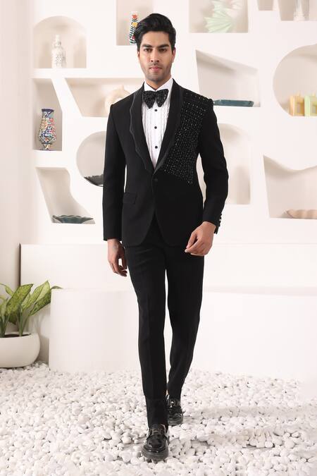 Shop_Kustomeyes_Black Rayon Cut Work Cutdana Placement Embroidered Tuxedo Set _Online_at_Aza_Fashions