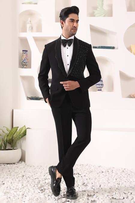 Buy_Kustomeyes_Black Rayon Cut Work Cutdana Placement Embroidered Tuxedo Set 