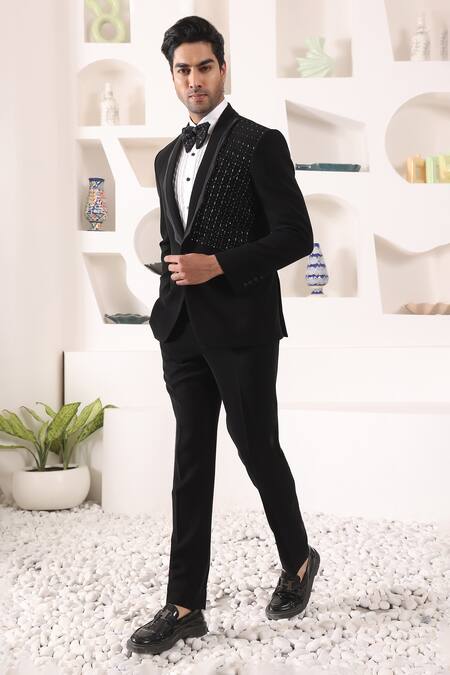 Shop_Kustomeyes_Black Rayon Cut Work Cutdana Placement Embroidered Tuxedo Set 