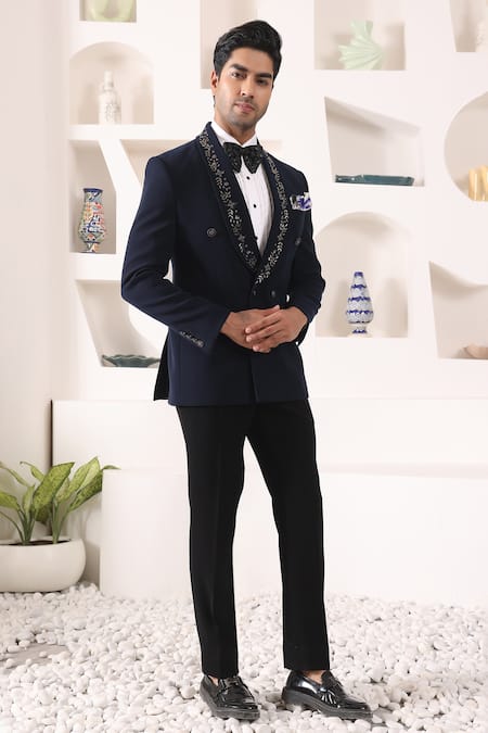 Kustomeyes_Blue Rayon Cut Work Cutdana Collar Embroidered Tuxedo Set _Online_at_Aza_Fashions
