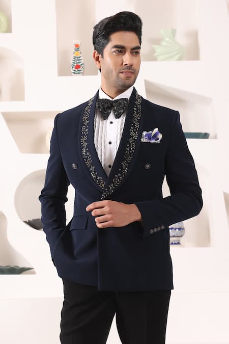 Shop_Kustomeyes_Blue Rayon Cut Work Cutdana Collar Embroidered Tuxedo Set _Online_at_Aza_Fashions