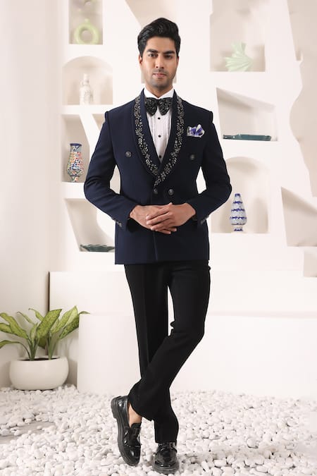 Kustomeyes_Blue Rayon Cut Work Cutdana Collar Embroidered Tuxedo Set _at_Aza_Fashions