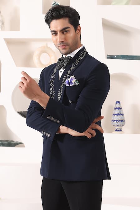 Buy_Kustomeyes_Blue Rayon Cut Work Cutdana Collar Embroidered Tuxedo Set 