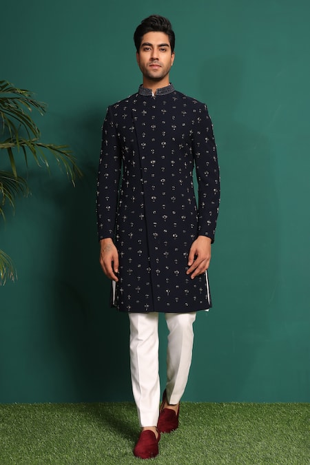 Kustomeyes_Blue Rayon Cut Work, Stones Cutdana Embroidered Sherwani Set _Online_at_Aza_Fashions