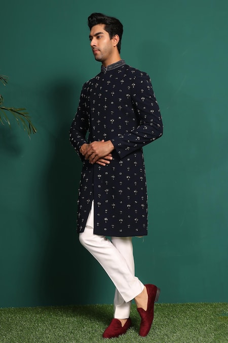 Shop_Kustomeyes_Blue Rayon Cut Work, Stones Cutdana Embroidered Sherwani Set _Online_at_Aza_Fashions