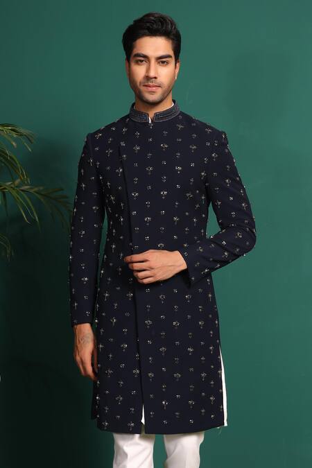 Kustomeyes_Blue Rayon Cut Work, Stones Cutdana Embroidered Sherwani Set _at_Aza_Fashions