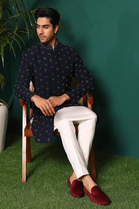 Buy_Kustomeyes_Blue Rayon Cut Work, Stones Cutdana Embroidered Sherwani Set 