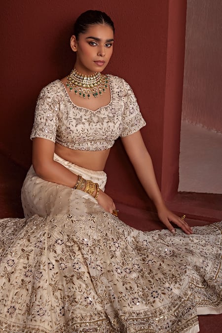 Shop Tarini Vij Gold Silk Organza, Georgette Mirrors, Naina Dabka Floral Embroidered Lehenga Set Online at Aza Fashions Shop_Tarini Vij_Gold Silk Organza, Georgette Mirrors, Naina Dabka Floral Embroidered Lehenga Set _Online_at_Aza_Fashions