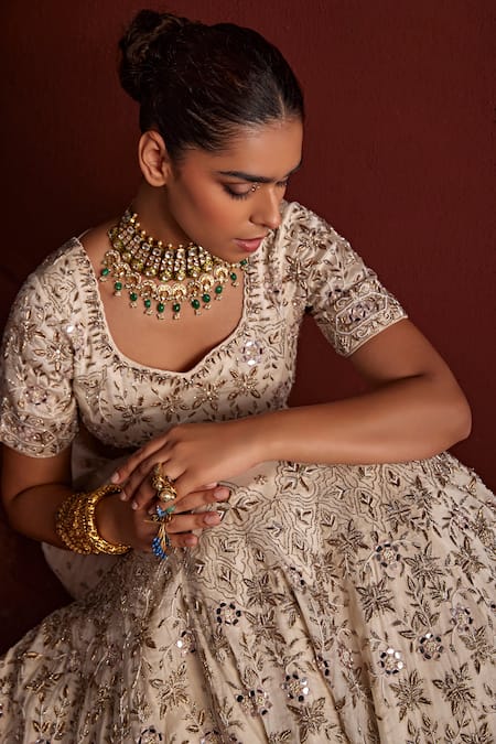 Tarini Vij Gold Silk Organza, Georgette Mirrors, Naina Dabka Floral Embroidered Lehenga Set at Aza Fashions Tarini Vij_Gold Silk Organza, Georgette Mirrors, Naina Dabka Floral Embroidered Lehenga Set _at_Aza_Fashions