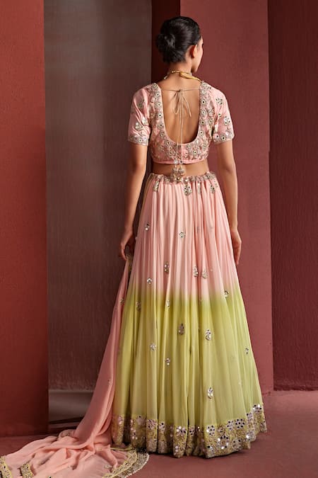 Shop Tarini Vij Pink Georgette Embroidery, Mirrors, Rabia Embellished Ombre Lehenga Set at Aza Fashions Shop_Tarini Vij_Pink Georgette Embroidery, Mirrors, Rabia Embellished Ombre Lehenga Set _at_Aza_Fashions