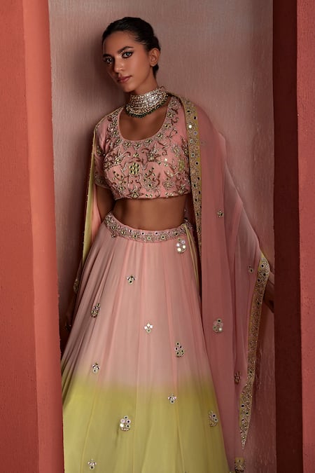 Tarini Vij Pink Georgette Embroidery, Mirrors, Rabia Embellished Ombre Lehenga Set Online at Aza Fashions Tarini Vij_Pink Georgette Embroidery, Mirrors, Rabia Embellished Ombre Lehenga Set _Online_at_Aza_Fashions