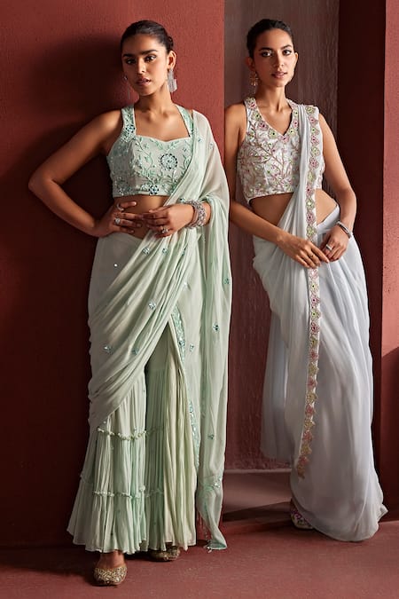 Shop Tarini Vij Blue Georgette Ruhie Scalloped Border Pre-draped Saree With Mirrorwork Blouse Online at Aza Fashions Shop_Tarini Vij_Blue Georgette Ruhie Scalloped Border Pre-draped Saree With Mirrorwork Blouse _Online_at_Aza_Fashions